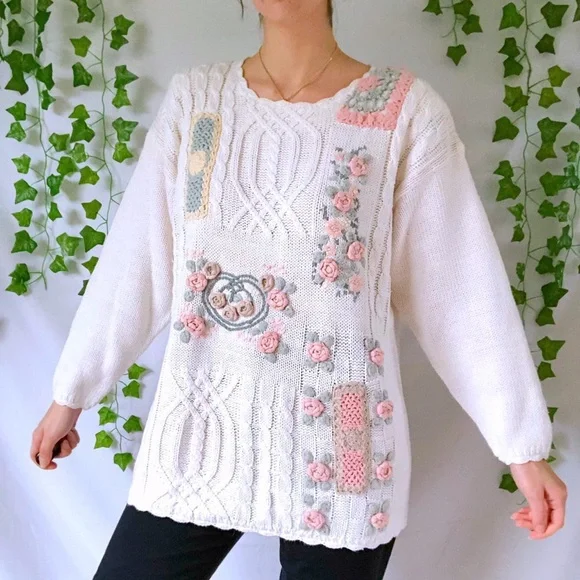 Vintage 80s cottagecore grandmacore cable knit sweater - Picture 1 of 4